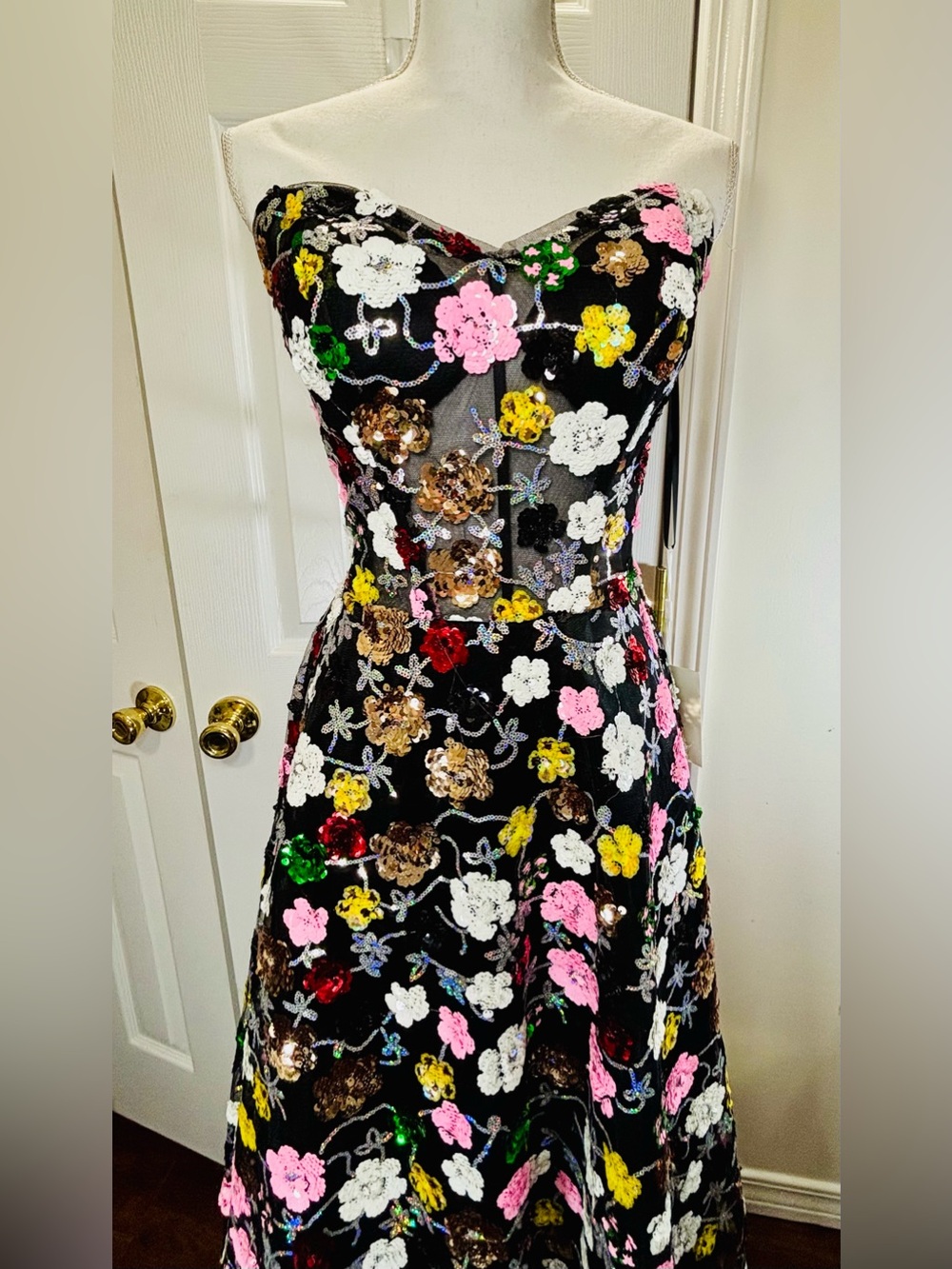 COUTURE LEE Strapless Garden In Bloom Floral Sequin Midi Black/Multi Sz 12 #3701 - Picture 2 of 16